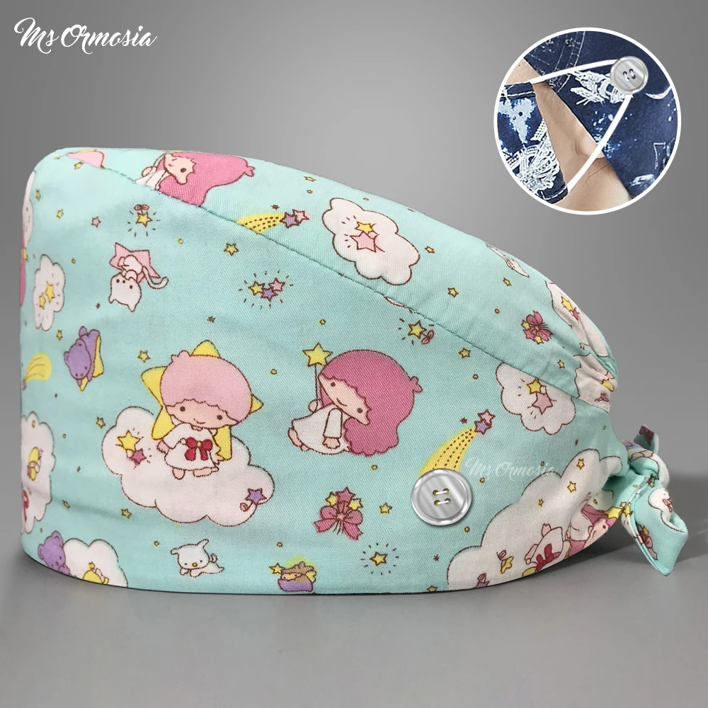 

Многоцветный с рисунками героев мультфильма медицинские клинических Шапки на пуговицах; Стильная салон красоты дышащая уходу за Шапки хло...