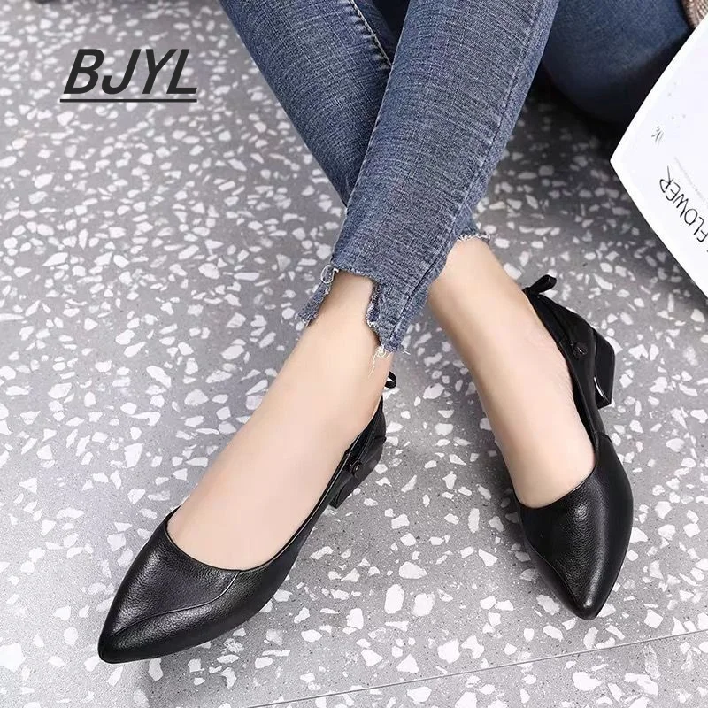 

Soft bottom thick heels women trend new soft leather shallow mouth pointed toe low heel all-match red high heels