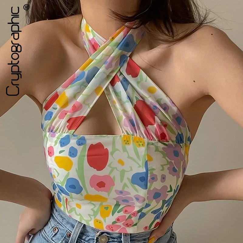 

Cryptographic Fashion Floral Print Summer Sexy Halter Crop Tops for Women Sleeveless Backless Cut-Out Top Cropped Club Party
