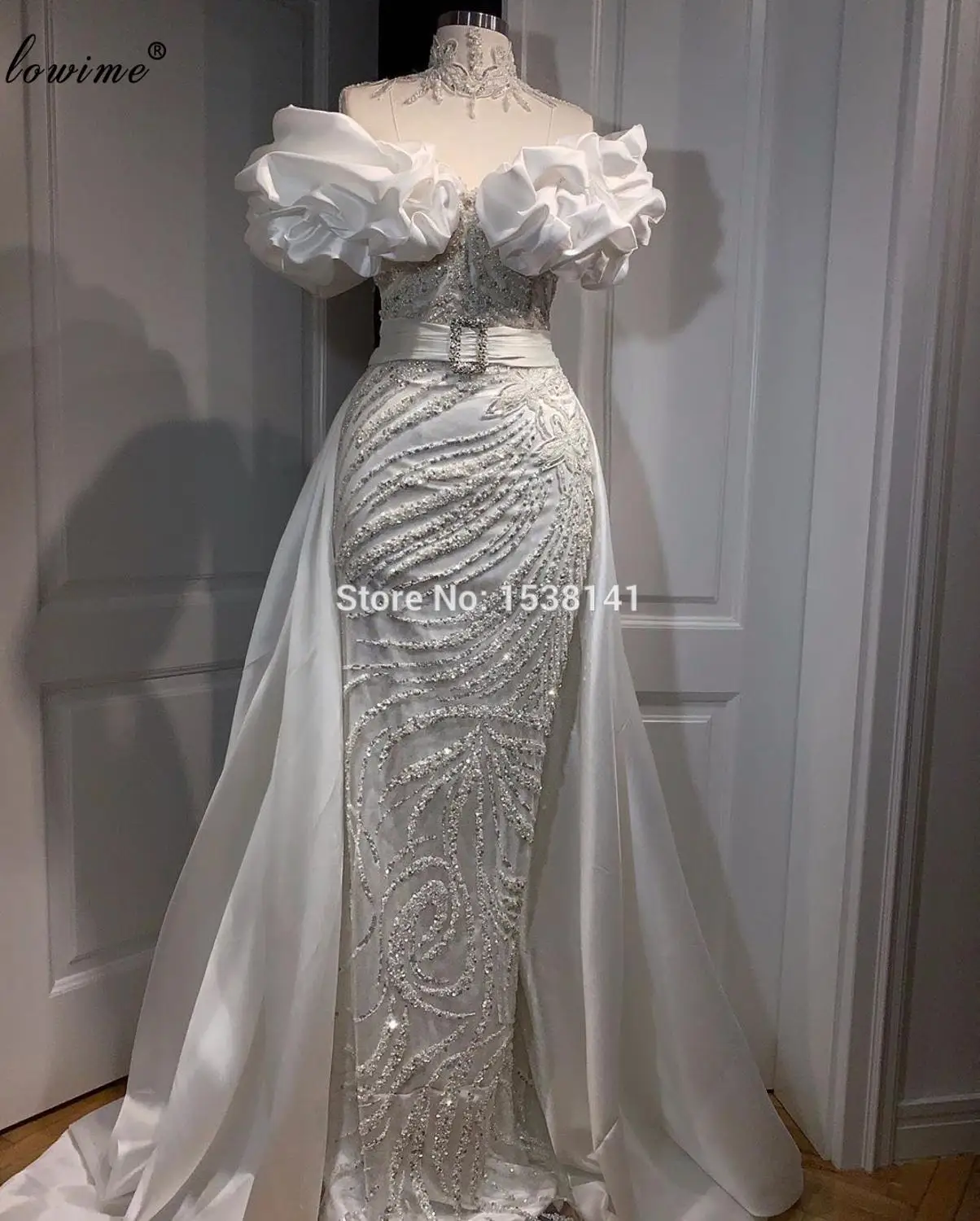 Женское элегантное белое вечернее платье со съемным шлейфом Русалка с бисером