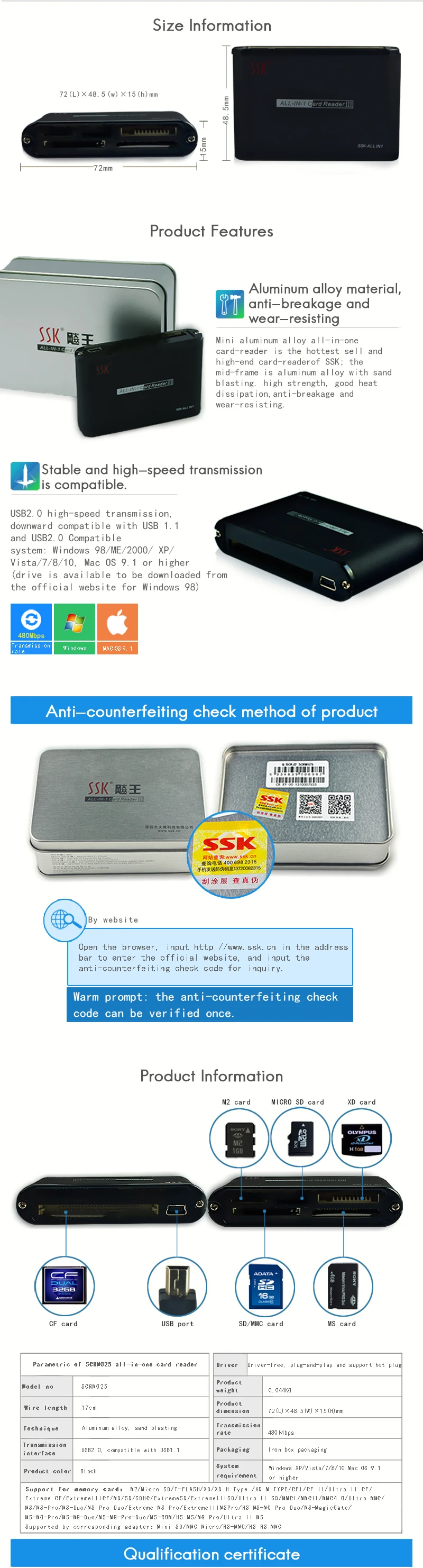 sd-карта Real Limited Все в 1/мульти usb-картридер Ssk Usb2.0 один многофункциональный металлический кард-ридер Tf для Sd Scrm025