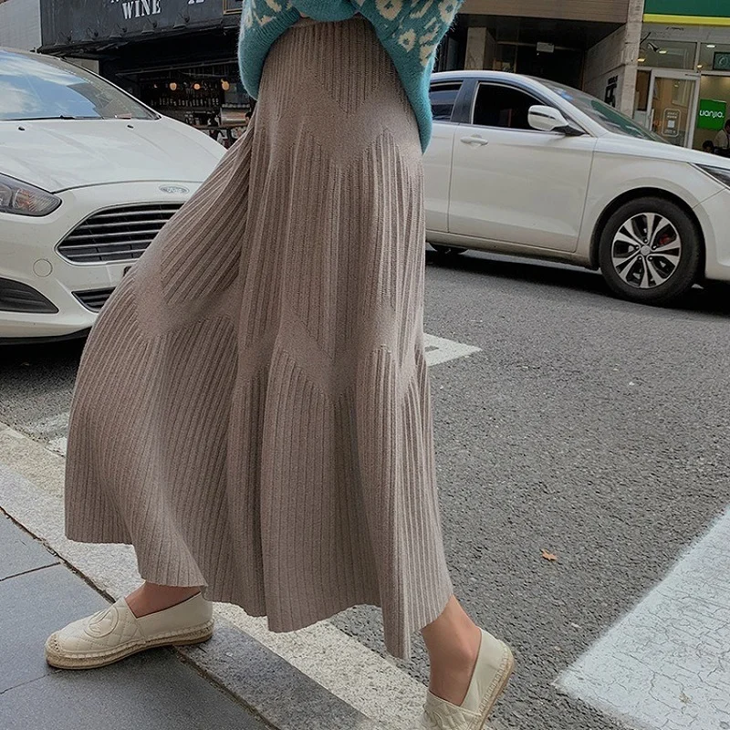 

High-waist knitted skirt elegant autumn 2021 winter new loose midi long warm inner wear large-shaped a-line skirts women clothes