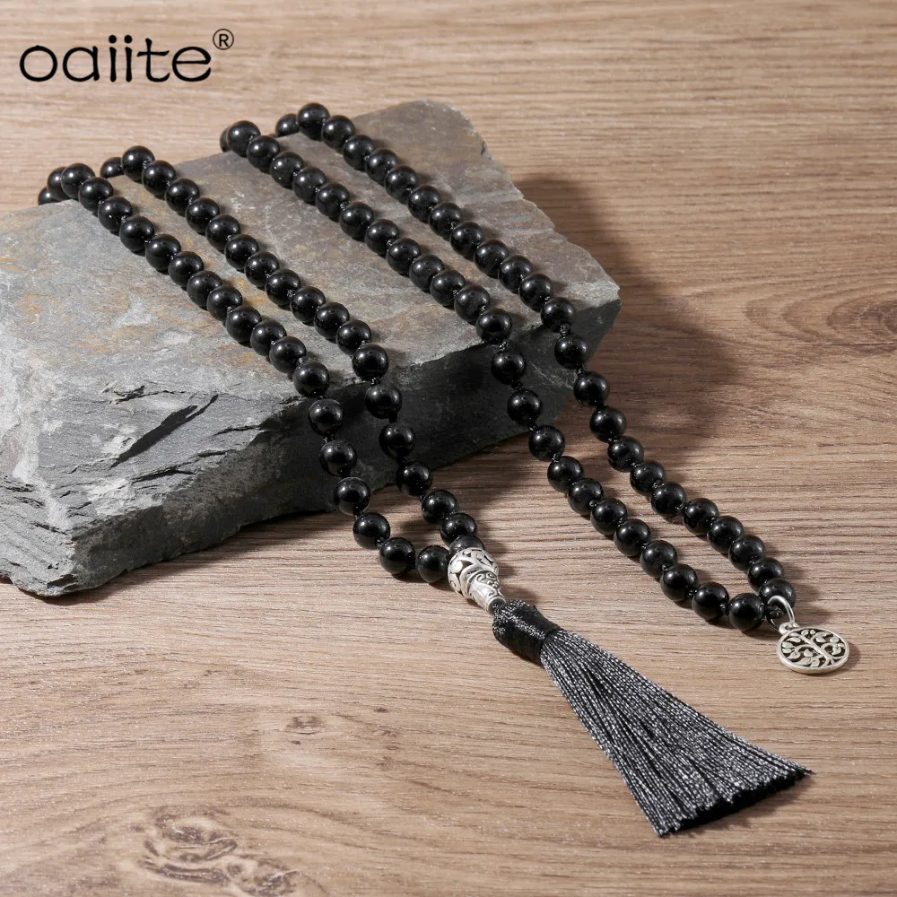 

OAIITE Men Necklace Japamala 108 Mala Beads 8MM Natural Stones Black Onyx Meditation Yoga Jewelry with Tree of Life Pendant