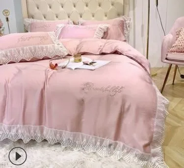 Pink 01 ANNAs хороший набор свадебного постельного белья качество Девушки Красивая наволочка лаконичное кружево розовый тенсель пододеяльник лед шелк простыня - Цвет: Pink 01