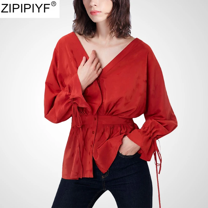 High-End 2020 Fashion v neck blouse top Elegent red flare sleeve blouse shirt summer fashion office ladies casual women blouses