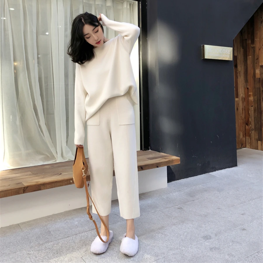 Autumn Winter Knitted Set Women Thick Warm O-Neck Loose Knit Suit Slim Pocket Harem Pants Oversized Casual Elegant Black Clothes
