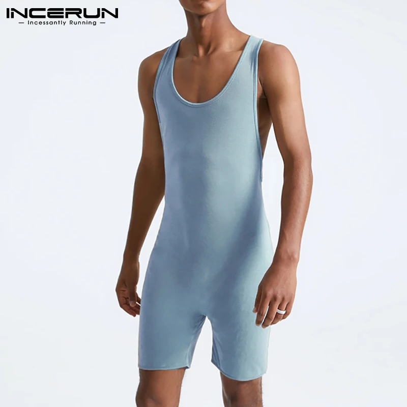 

Комбинезон INCERUN Мужской без рукавов, пижама с круглым вырезом, мягкая удобная ночная рубашка, домашняя одежда, однотонный, 2021