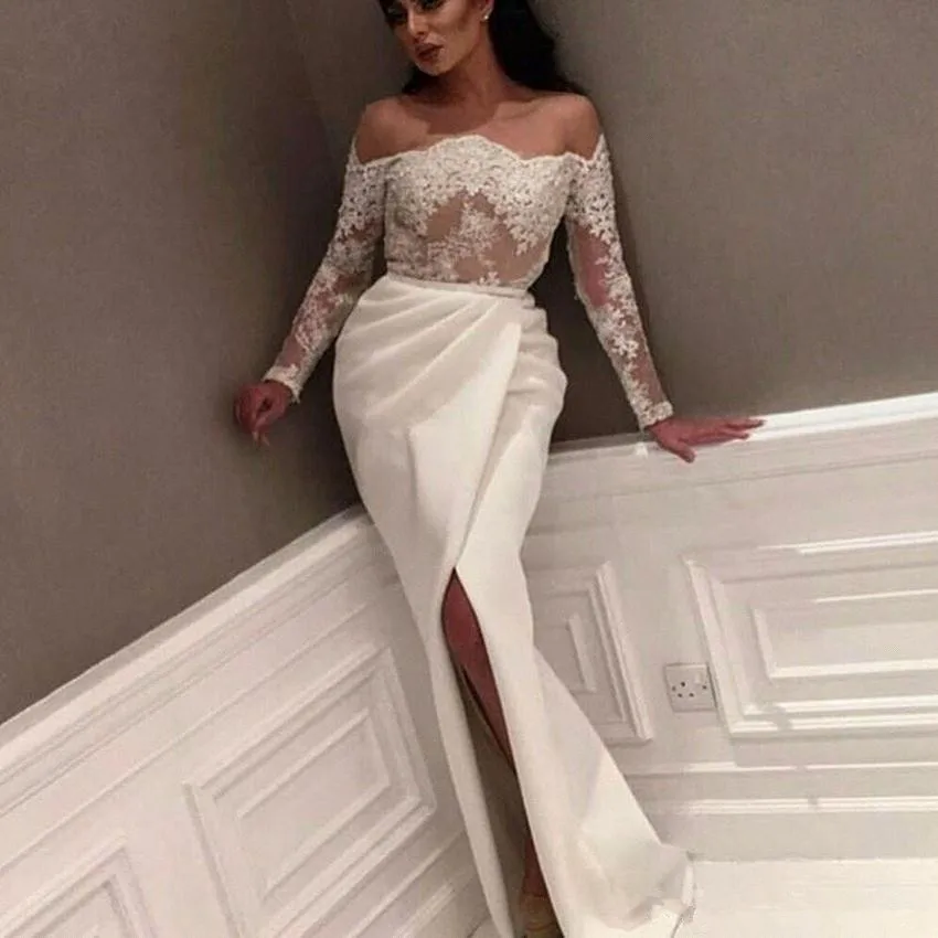 

Prom Dresses Bateau Neck Lace Long Sleeves Robes De Cocktail Party Evening Gowns Ruched Side Split Vestido De Fiesta De Boda