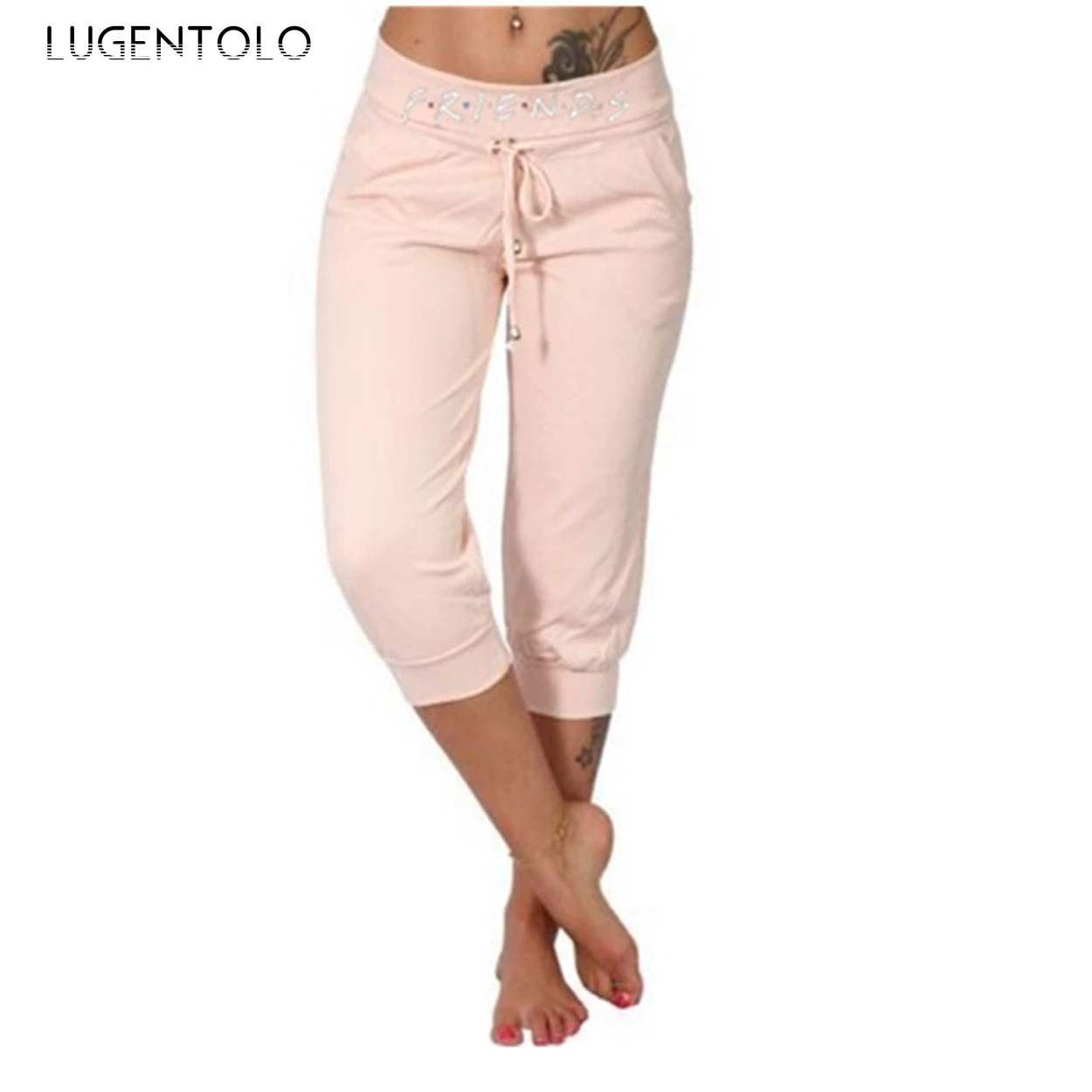 

Lugentolo Slim Pants Women Summer Letter Print Drawstring Mid Waist Large Size Casual Female Simple Street Pencil Pants