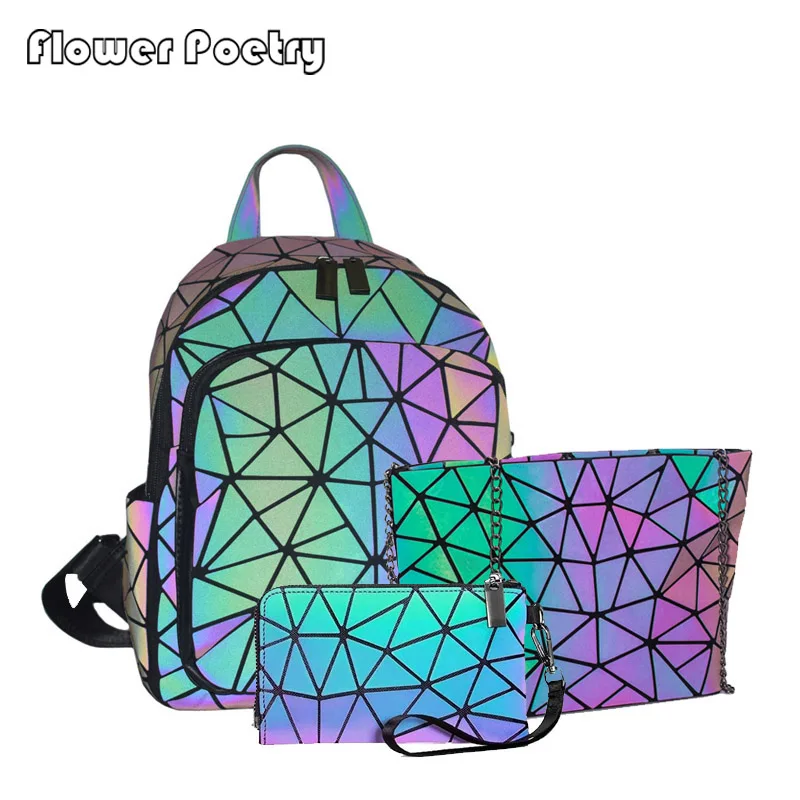 

Set Women Luminous Brand Backpack Fashion Geometric Diamond Travel Shoulder Bag Folding Female Student School Shine BackPack
