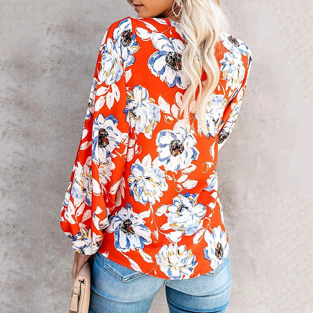 European and American women's 2019 new autumn long-sleeved printed women's shirt casual deep V-neck loose tops and blouses