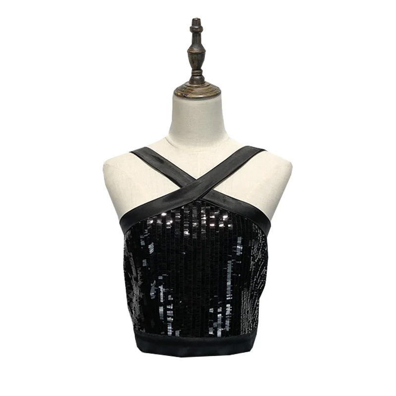 

Cakucool Sequins Tank Top Women Shiny Backless Cross neck Solid Black Camisole Punk Design PU leather Short Camis Spaghetti