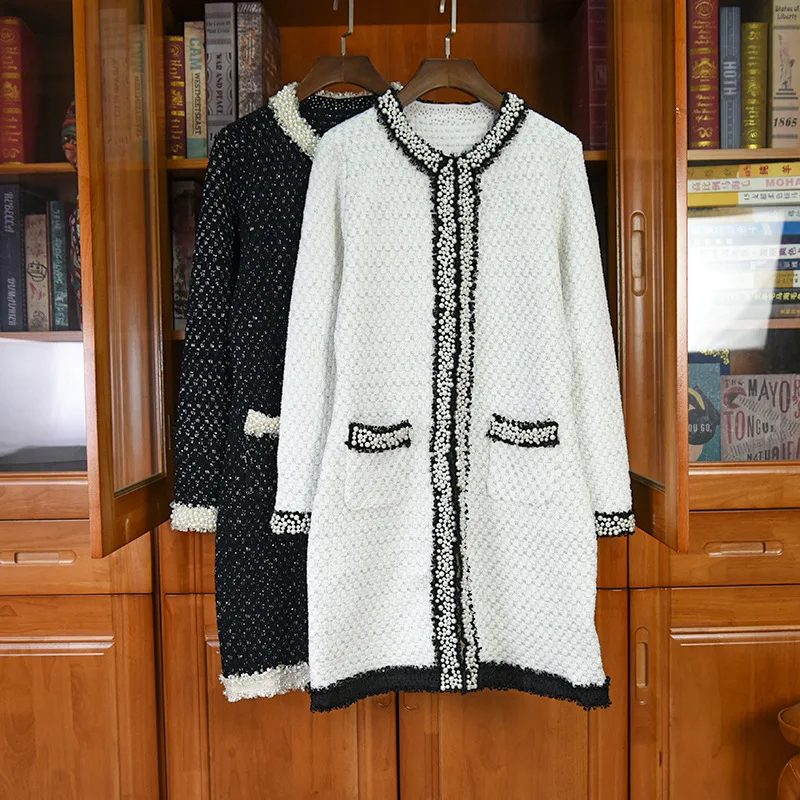 

2021 Spring High quality Women's 21% Wool cardigans Fashion elegant pearls beading O-neck knitted overcoat C710