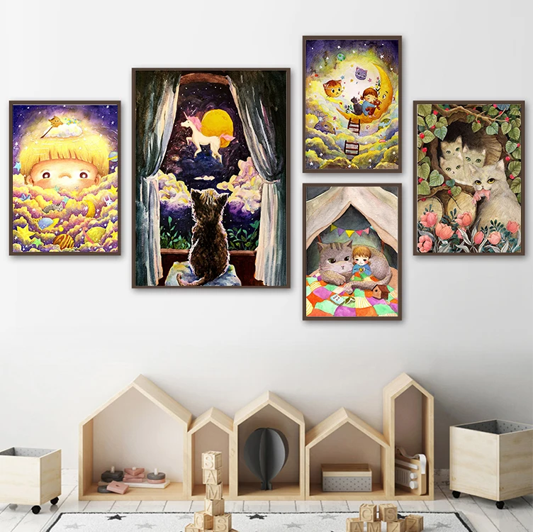 Abstract Avatar Lovely Girl and Cute Cat Canvas Paintings Print Poster Wall Art Bedroom Living Room Child Kits Home Decoration | Дом и сад