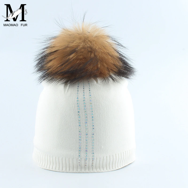 Hats For Girls Boys Lovely Rhinestone Real Fur Pompom Fashion High Quality Brand New Kids Caps Skullies Beanies | Аксессуары для