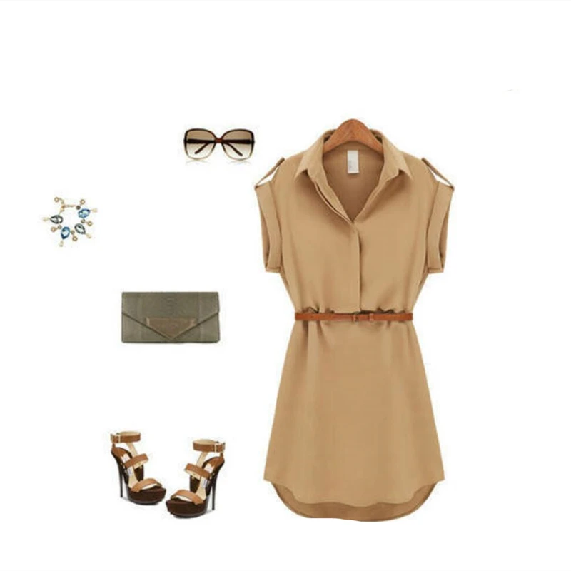 

2021 New Summer Women Shirt Dress Chiffon Short Sleeve Summer Dress Dress With Belt Turn Down Collar A-Line Party Mini Dress