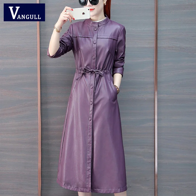 Vangull leather кожаная куртка женская мода тонкий ремень Длинная женская куртка PU мотоциклетная осенне-зимняя верхняя одежда шикарное пальто