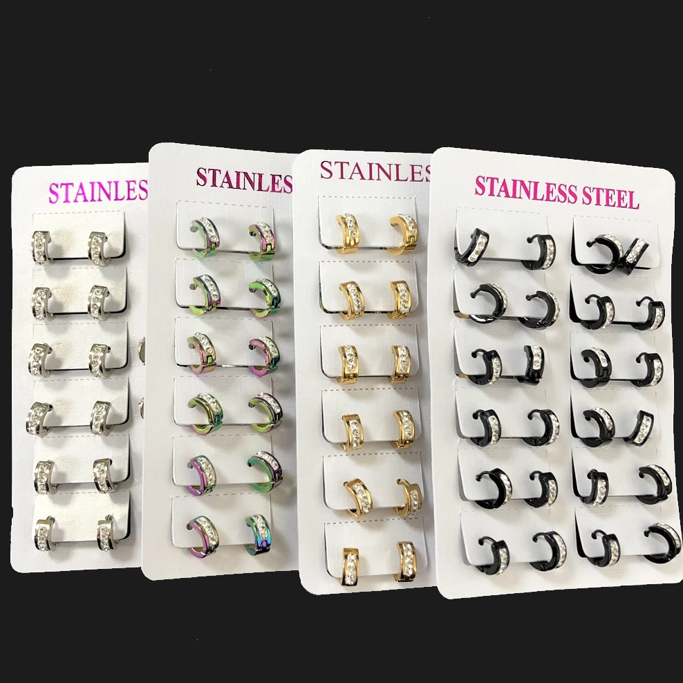 

ESSFF 12 Pairs/Lot Stainless Steel Hoop Earrings Wholesale Punk Crystal Small Earring for Women Men's Jewelry Teens Cool Gifts