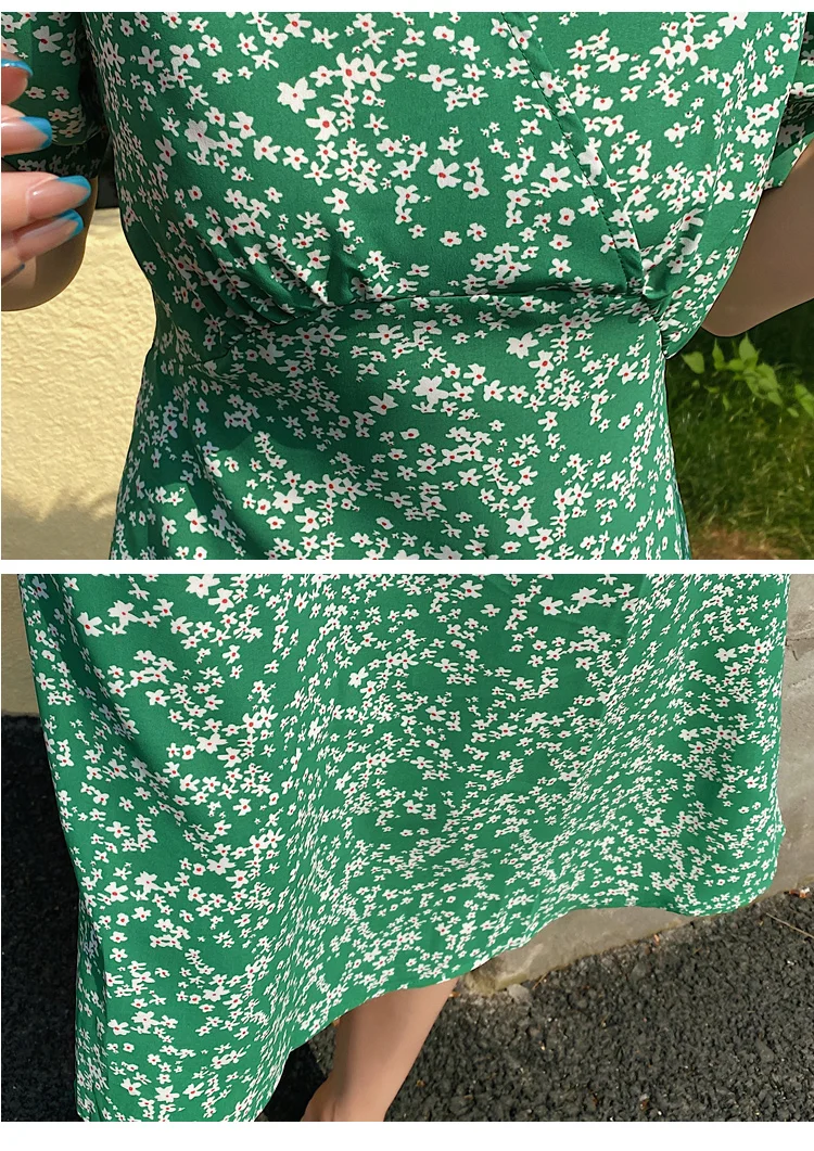 

Hebe&Eos Summer Floral Printed Boho Dress Women Green Chiffon Short Sleeve V-neck Midi Dresses Beach French Fashion Vestidos