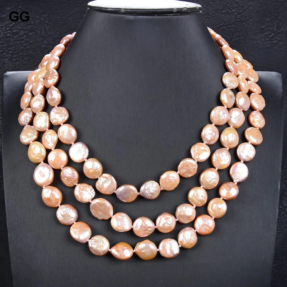 

GG Jewelry 17''-20" High Quality 3 Strands 12MM Natural Pink Coin Pearl Necklace