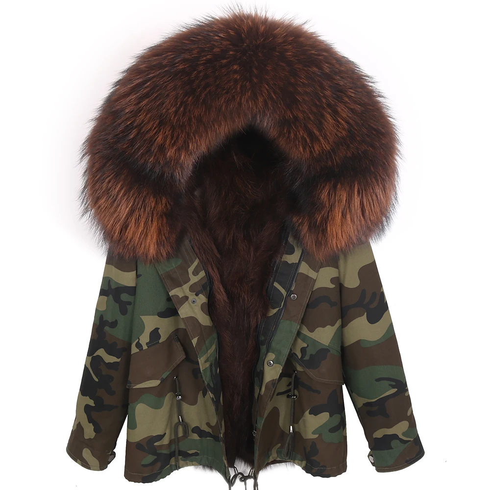 Women Winter Real Fox Fur Coat Big Natural Raccoon Fur Hood Thick Warm Streetwear Parkas Camouflage Real Fur Jacket Detachable