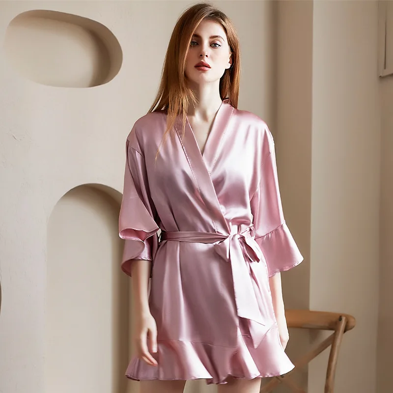 QWEEK Silk Robe Women Sexy Dressing Gown Female Bathrobe Satin Sleepwear One-piece Nightwear Elegant Albornoces Peignoirs Ladies