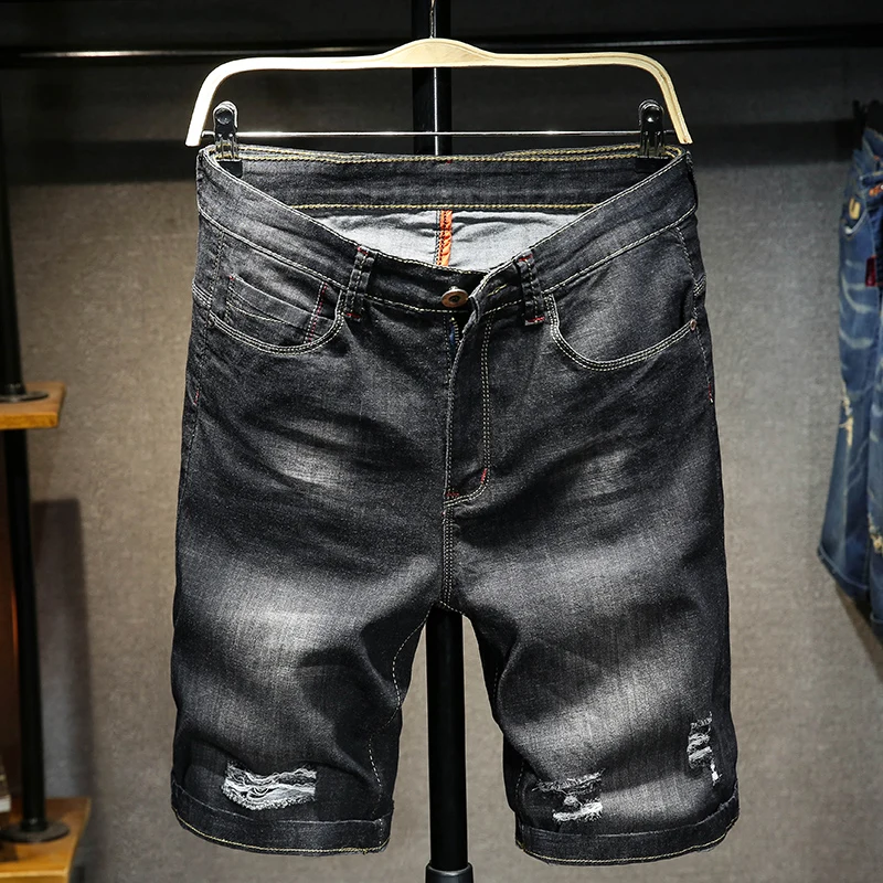 

Мужские летние джинсовые шорты, черные прямые удобные домашние шорты, легко потертые повседневные однотонные мужские джинсы со средней тал...
