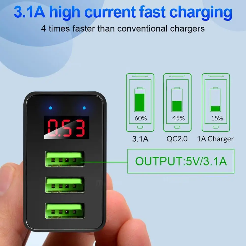 Зарядное устройство с 3 USB портами светодиодный дисплей штепсельная вилка