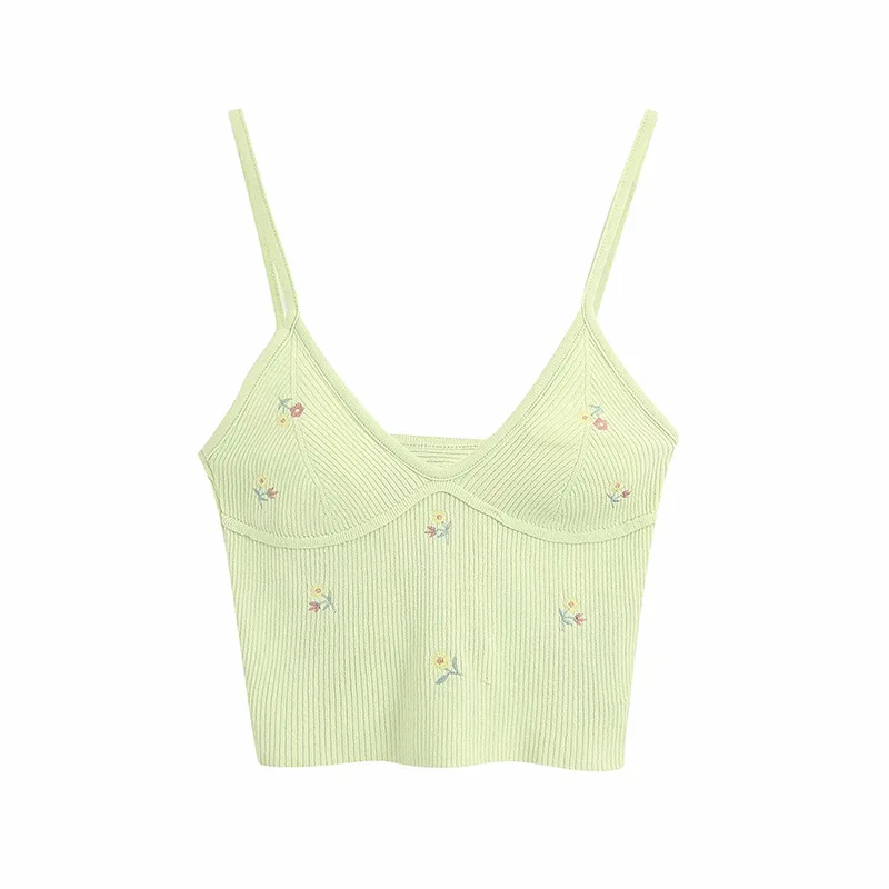 

2021 Women New Fashion Spaghetti Strap Floral Embroidery Camis Tank Tops Summer Wear Female Knitting Slim Sling Crop Tops