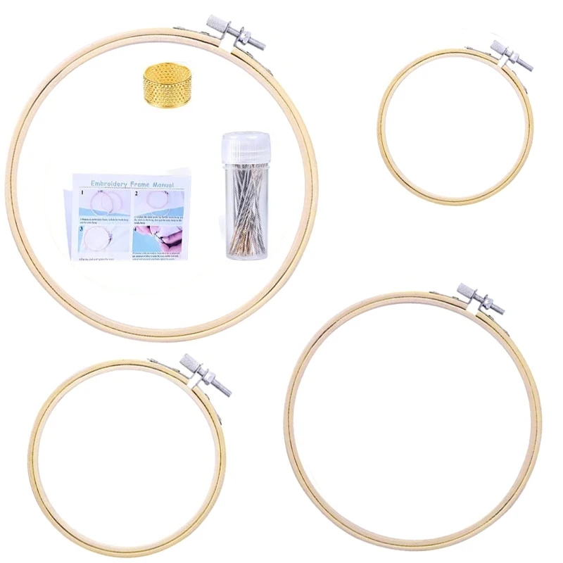 

KAOBUY 4 Sizes Cross Stitch Hoop Set For Beginner, Embroidery Circle With 3 Sizes Sewing Needles, Thimble And Instruction