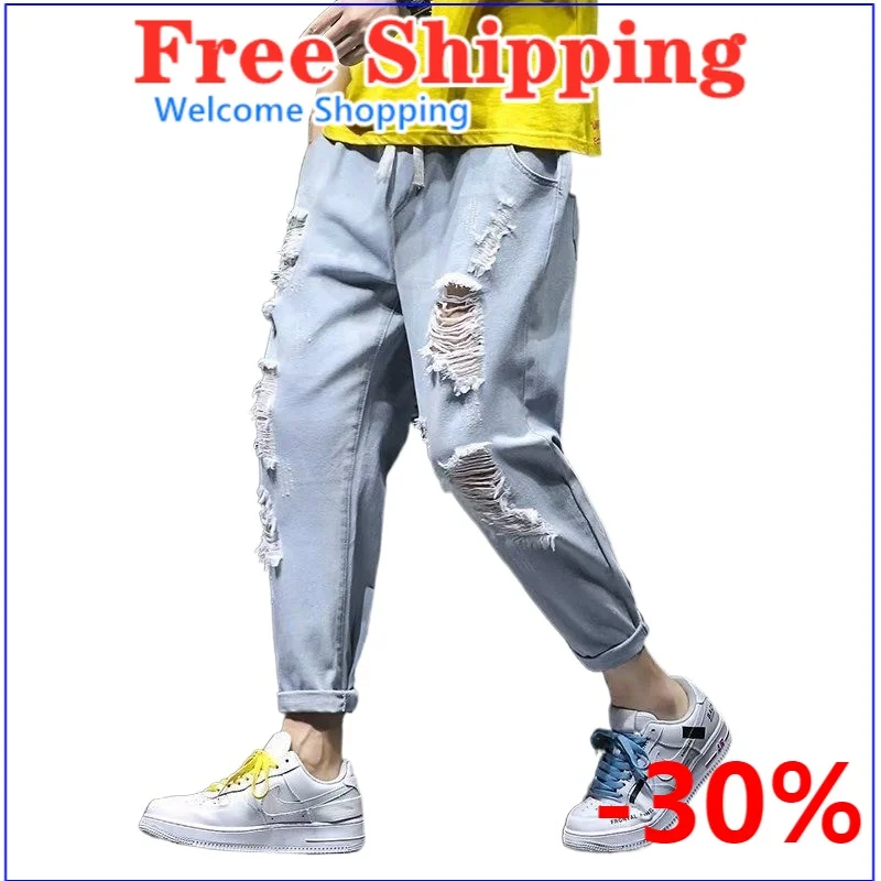 Summer holed jeans men's thin loose straight Capris men's Hong Kong Style ins fashion casual pants men's fashion Ripped jeans