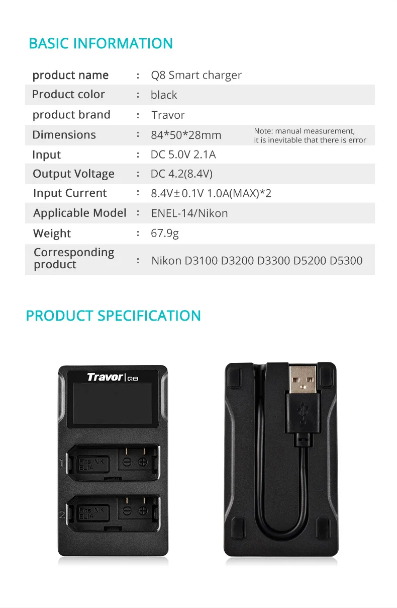 Зарядное устройство Travor lithium battrey Smart LP-E14 Двухканальное зарядное устройство для цифровой камеры светодиодный дисплей для Nikon D3100 D3200 D3300