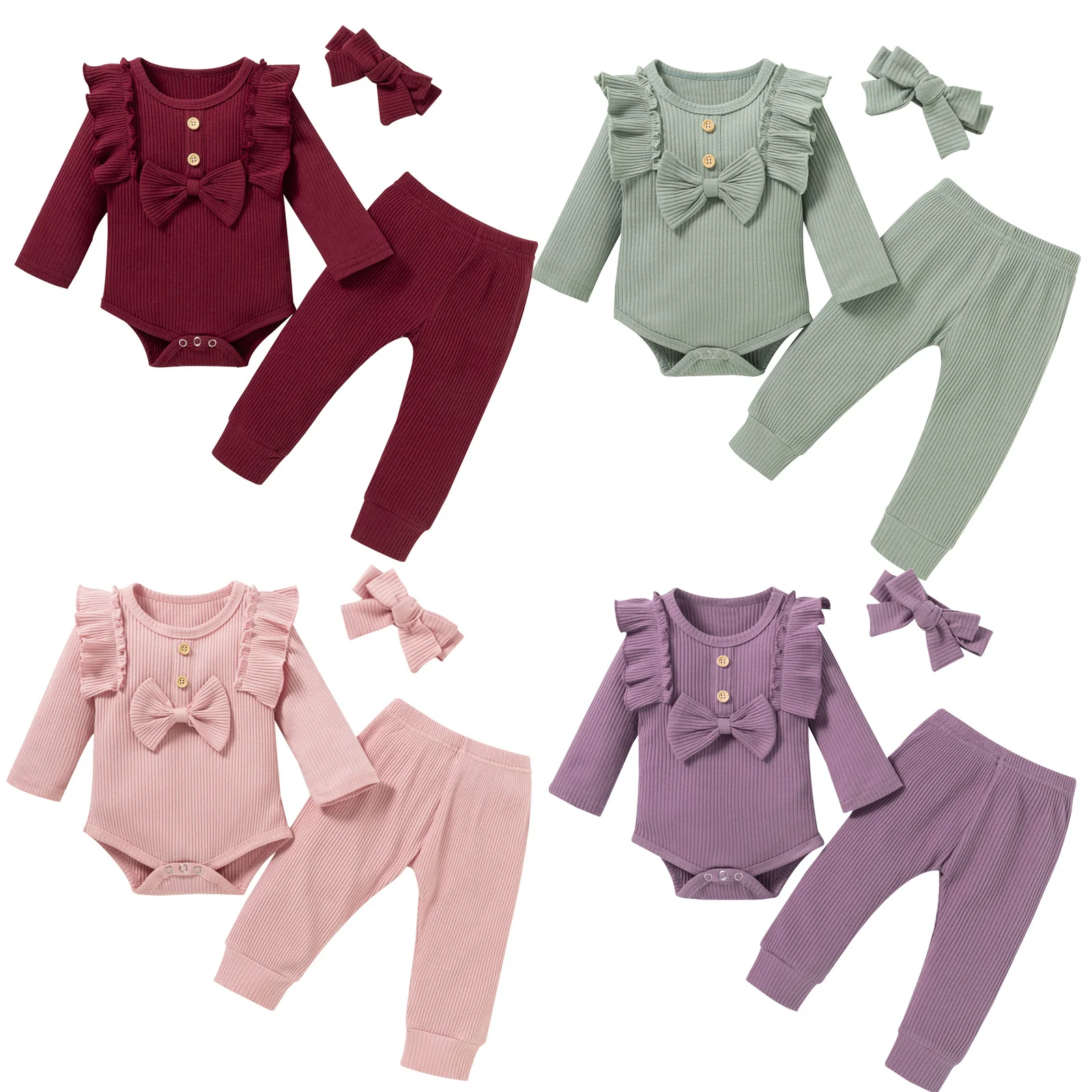 

0-24M Newborn Infant Baby Girl Fall Winter Clothes Solid Color Ribbed Long Sleeve Ruffled Romper Pants Headband Outfits Set