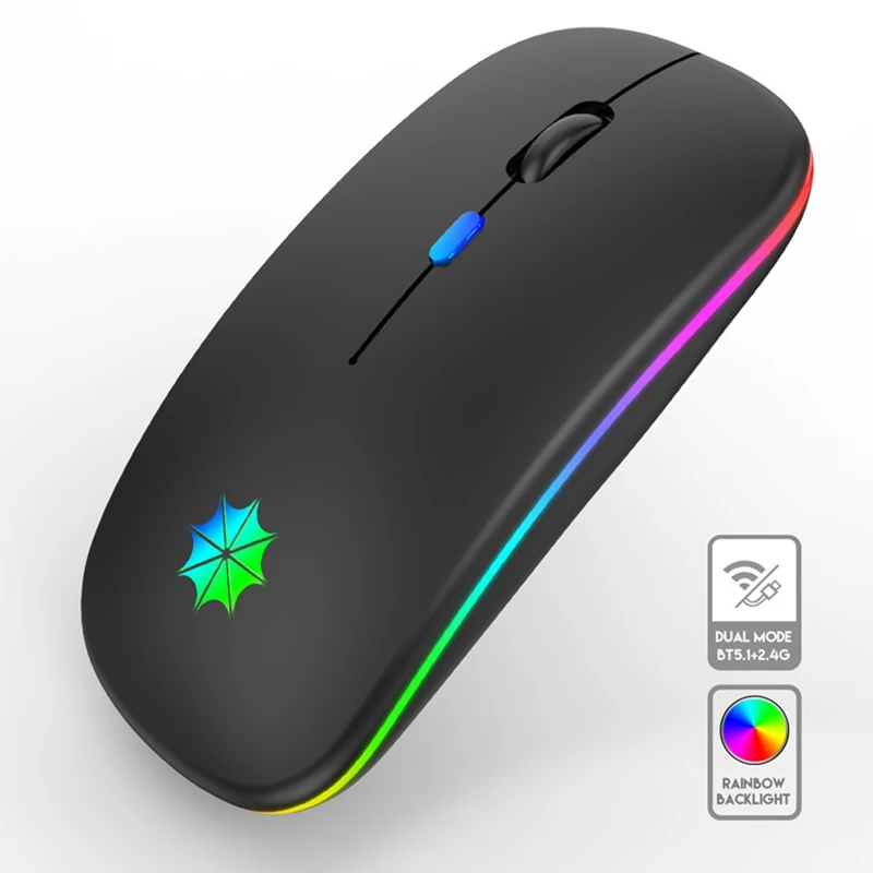 

Беспроводная Бесшумная перезаряжаемая ультратонкая портативная Bluetooth-мышь с двойным режимом, игровая Бесшумная мышь со светодиодной подсв...
