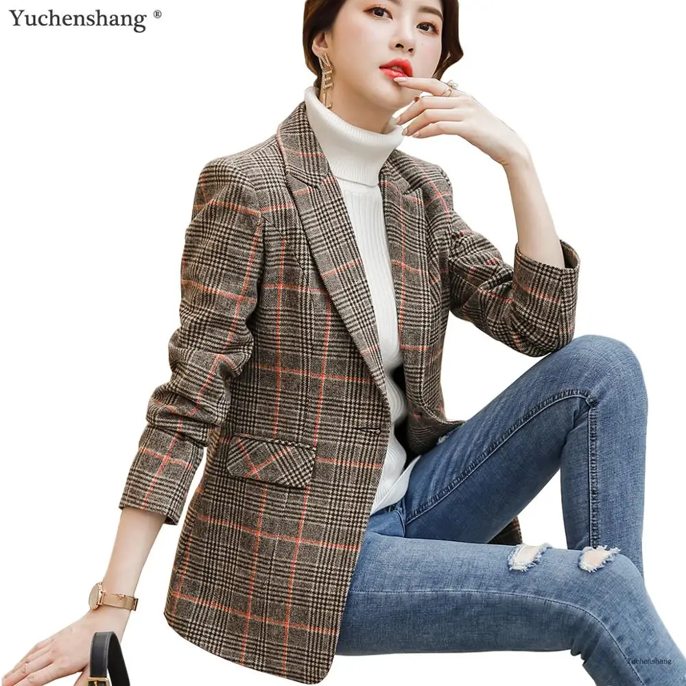 Высококачественный клетчатый женский блейзер с карманами в английском стиле