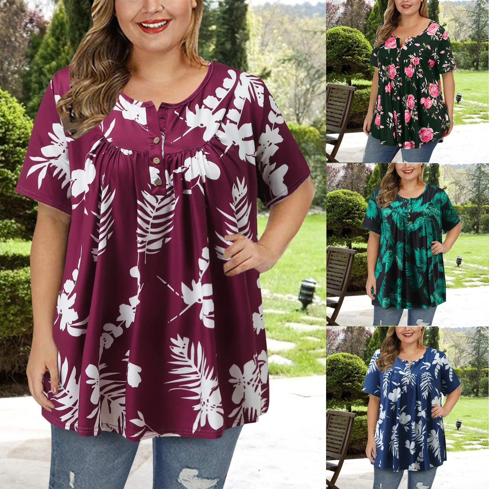 

4XL Plus Size Summer Blouses Women Floral Printed Ruffle Flowy Shirts Casual V Neck Short Sleeve Button Up Tunic Tops blusas