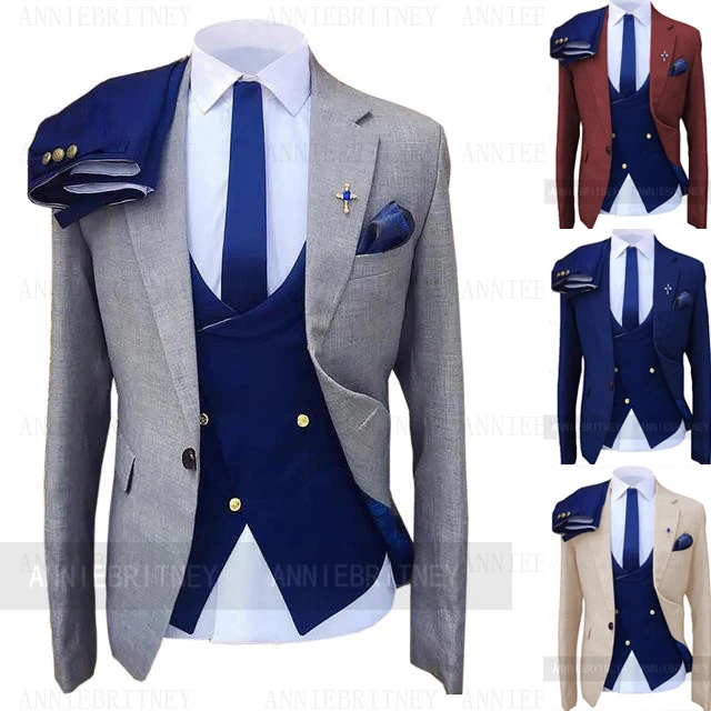 Fashion Wedding Suit For Men Gray Coat Blue Vest Pant Custom Made Plus Size Man Formal Tuxedo trajes de hombre costume homme 턱시도 1