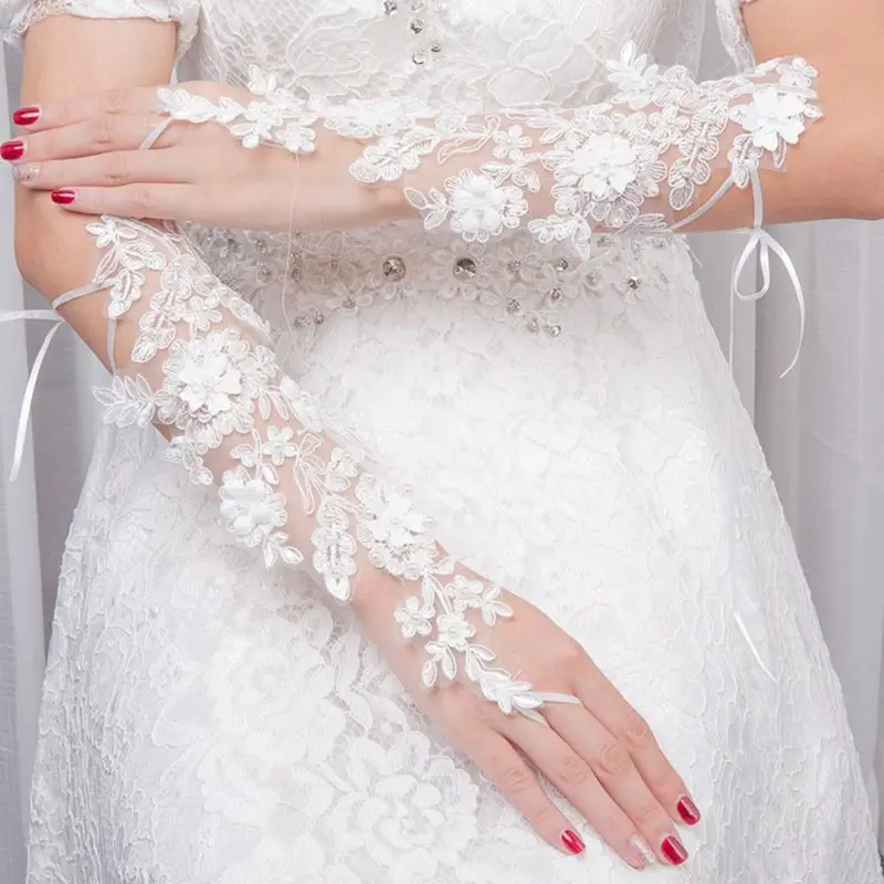 

Bride Marriage Fingerless Wedding Gloves Embroidery Floral Lace Imitation Pearl Beaded Party Sunscreen Long Mittens