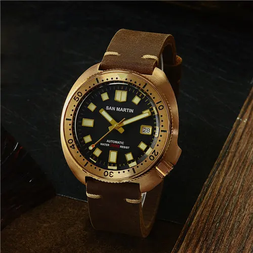 black San Martin, новинка 6105, часы для дайвинга с бронзовым тунцом, Водонепроницаемость 200 м, Акула, кожаный ремешок, Мужские автоматические наручные часы для мужчин - Цвет: black