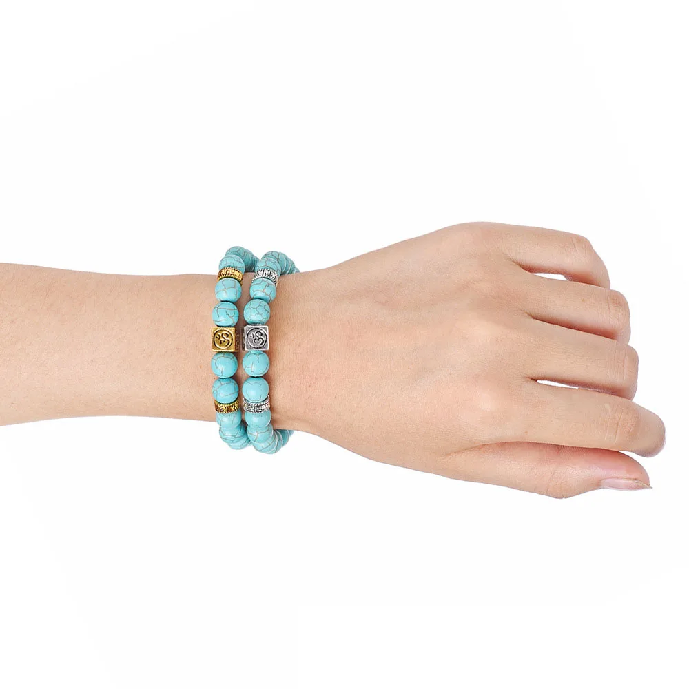 Голубые бусины Будды 8 мм браслет из бисера квадратного сплава с гравировкой