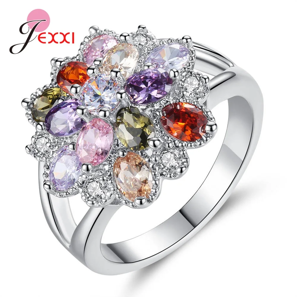 

DropShipping New Flower Style Multi-color Purple&Blue Red White CZ 925 Sterling Silver Ring Full Size For Women Wedding Jewelry