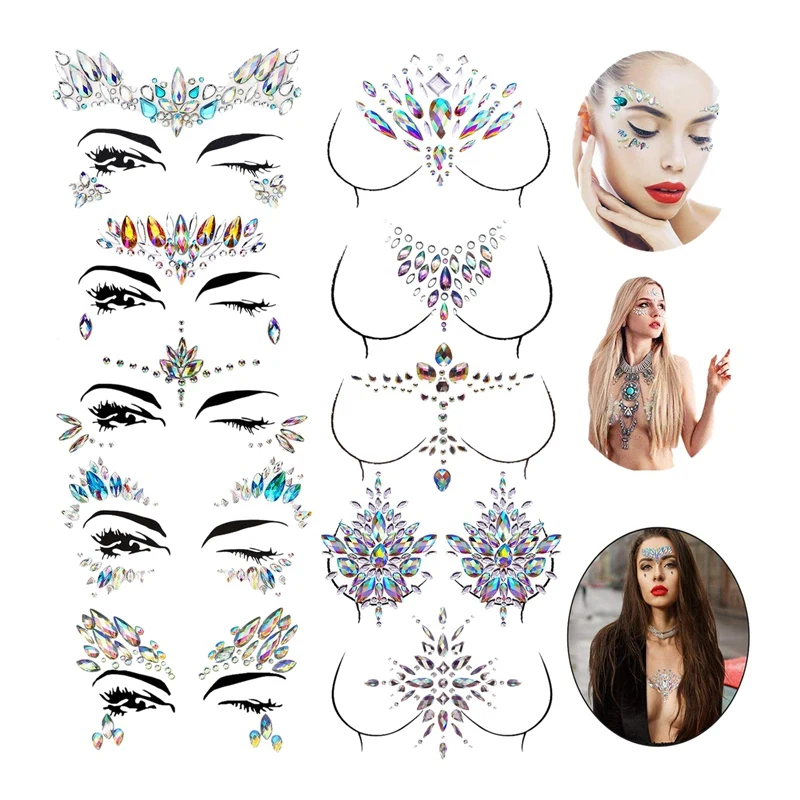 10 Sets Face Gems Stickers Breast Body Jewelry Crystal Nipple Tattoo for Festival Rhinestone Decorations Tatto |
