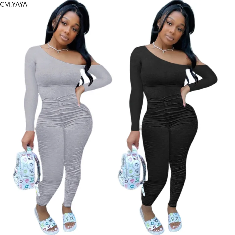 Женский комбинезон с рюшами CM.YAYA открытыми плечами и длинным рукавом Облегающий