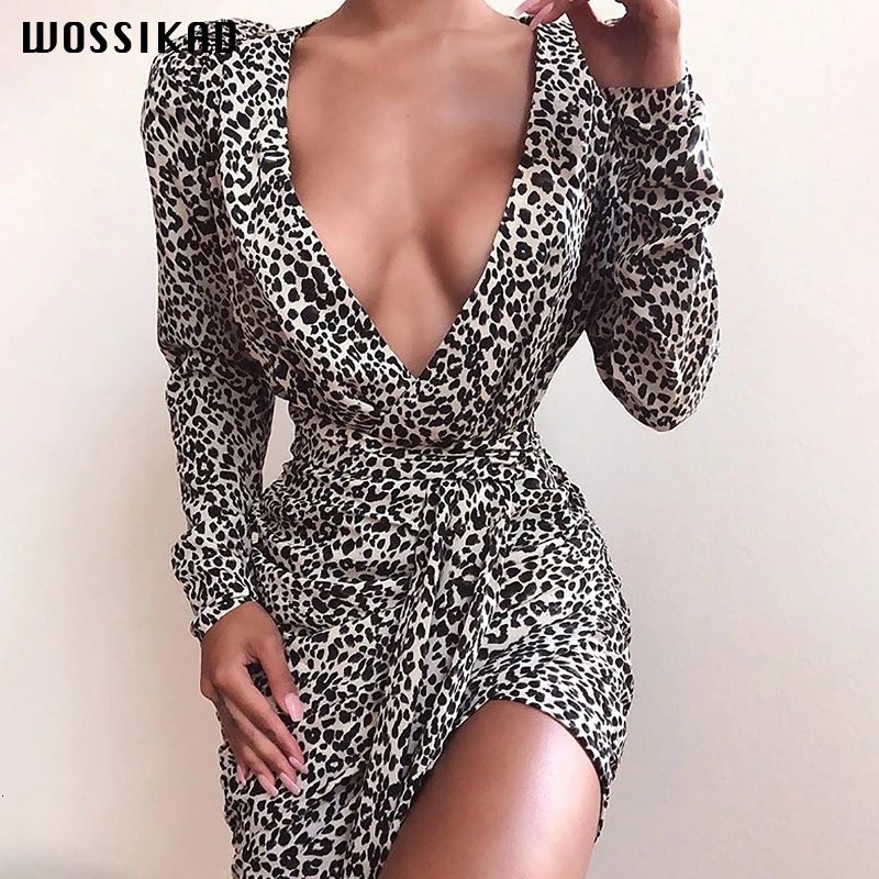 

Bandage Dress Autumn Sexy Leopard Print Dress Deep V Long Sleeve Dress Woman Cheetah Dresses Woman Party Night Party Clothes