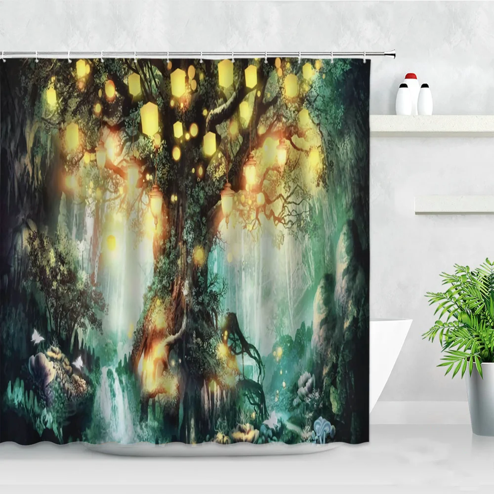 

Dream Forest Shower Curtains Magic Trees Lighting Creative Design Art Scenery Modern Natural Waterproof Bathroom Decor Curtain