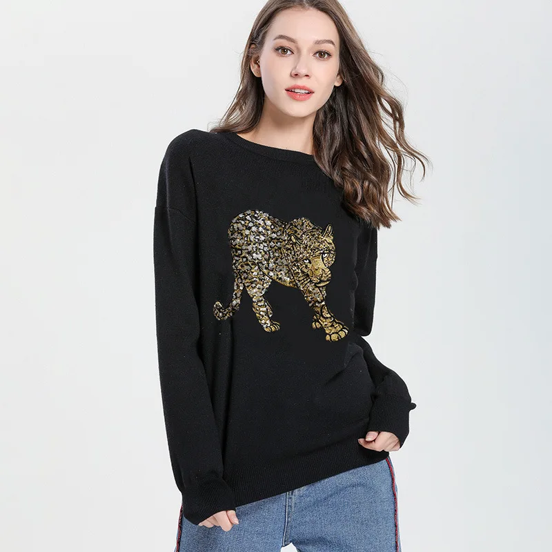 

2020 Autumn Leopard Embroidery Luxury Sequined Women Sweater Fall Winter Top Knit Pullover Novelty Women Designer Femmes Jumper