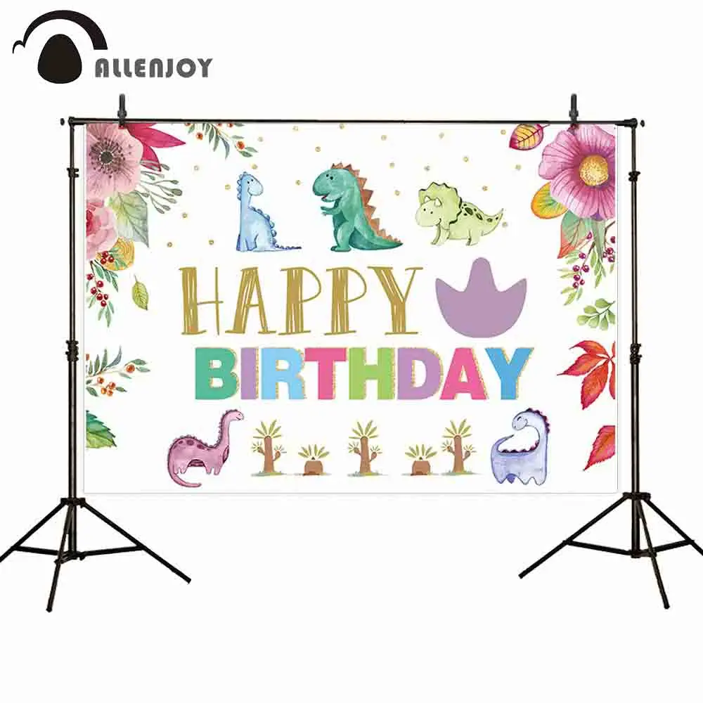 

Allenjoy Dinosaur Party Photophone Watercolor Flower Leaves Grape Cactus Golden Dot Banner Happy Birthday Party Backdrop Curtain