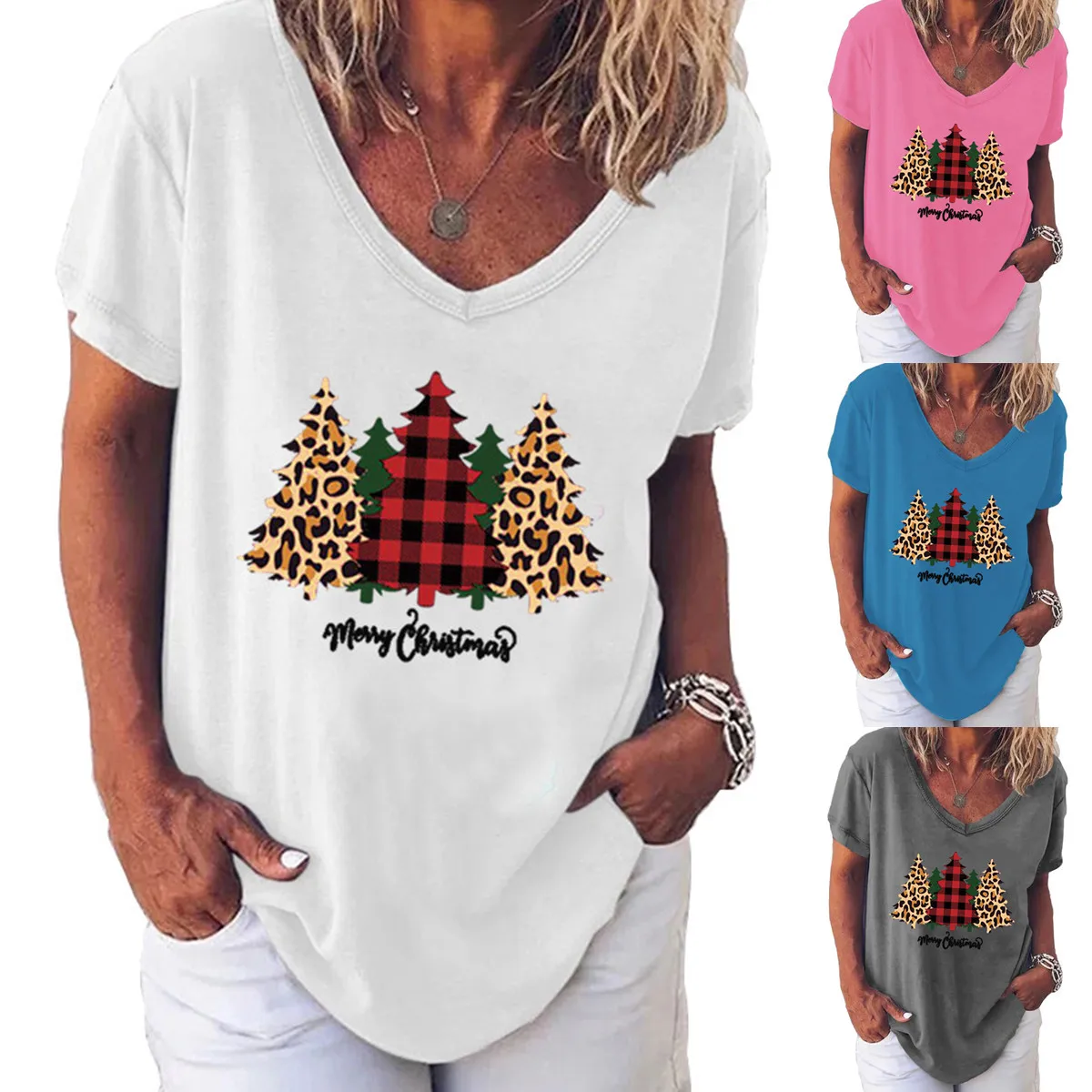 

Christmas Tree Graphic Print Tee Top Ladies Harajuku Aesthetic V Neck Short Sleeve T Shirts For Women 2022 New Year