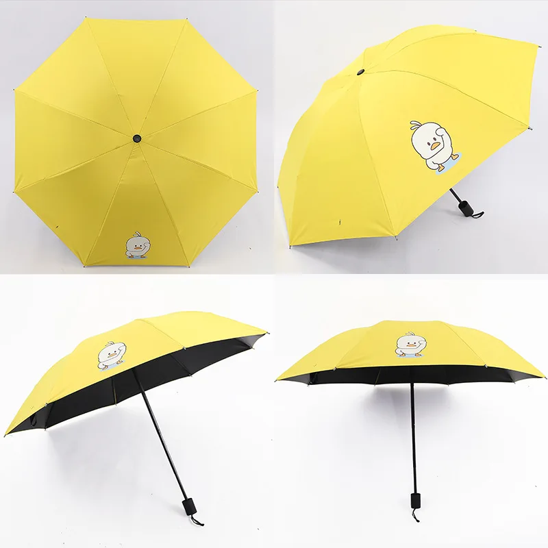 Маленький портативный складной зонт с желтой уткой три складных черных
