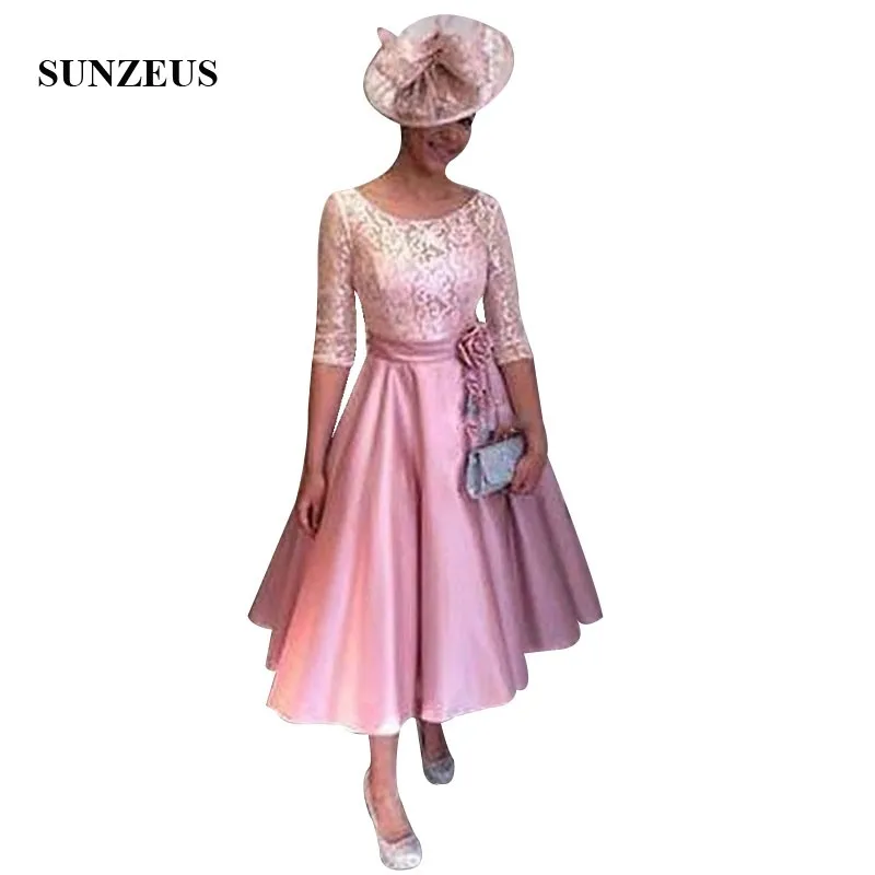 

Tea Length Mother Of The Bride Dress Scoop Neckline Half Sleeves Lace Wedding Guest Dress A-line Satin Women Party Gowns Formal